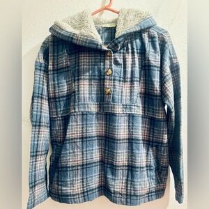 NWOT Kori America Plaid Pullover Chore Jacket with Pockets & Hooded Medium